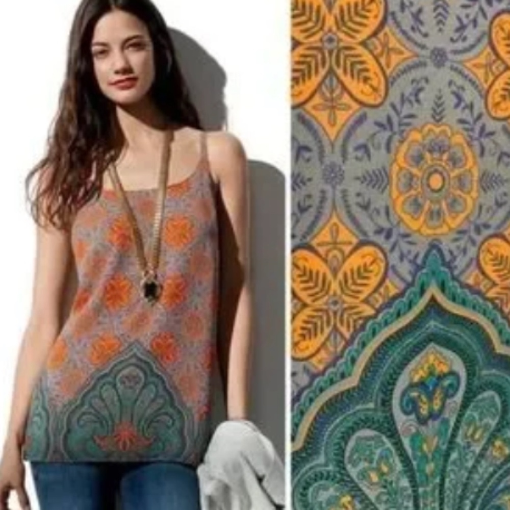 CAbi #3082 Arabesque Cami Tank Top Size Small Taupe Orange Blue Green Lined